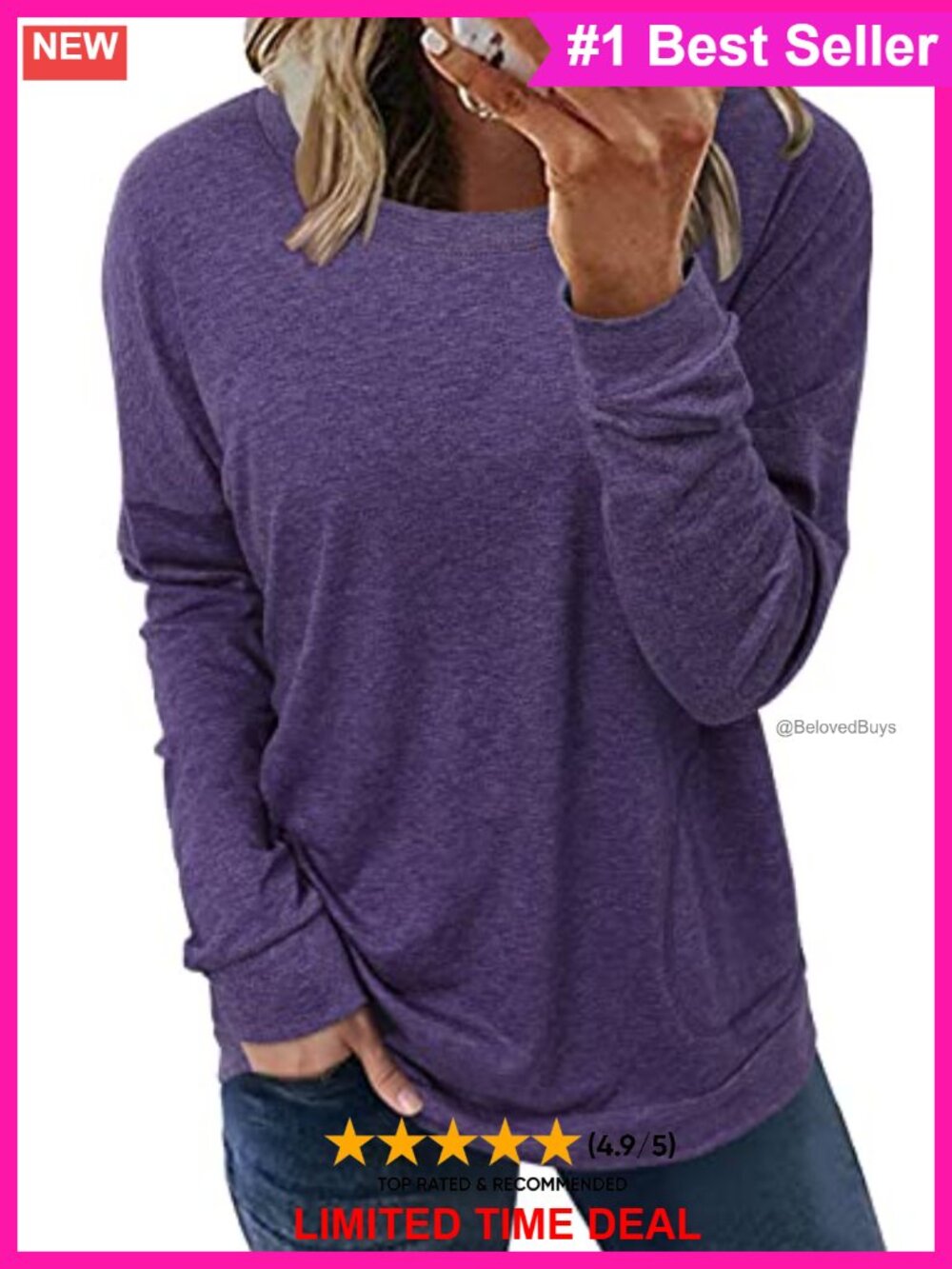 Womens Long Sleeve Tunic Top Crew Neck Loose Fit Side Pockets Casual Shirt